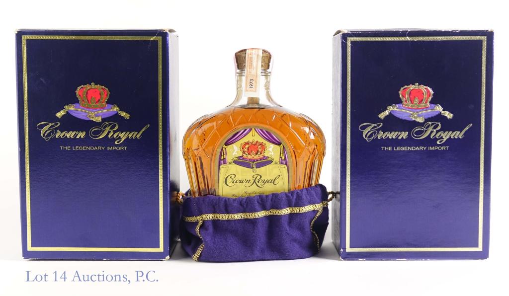 1973 & (?) Crown Royal Whisky Bottles (2): *** IF YOU MAY NEED SHIPPING, PLEASE CALL US BEFORE BIDDING ON BOTTLES! 847-625-0555. *** 1973 full and sealed with box, 80 proof, 750ml. Also, SEALED box of (full) Crown Royal Whisky, year unknown. 7