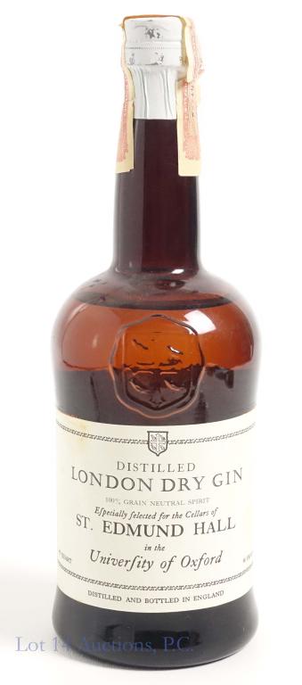 London Dry Gin - U of Oxford, St. Edmund Hall: ***IF YOU MAY NEED SHIPPING, PLEASE CALL US BEFORE BIDDING ON BOTTLES. 847-625-0555.*** 90 proof, 4/5qt and sealed. St. Edmund Hall.