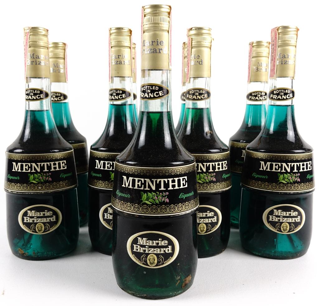 Marie Brizard Creme de Menthe (9): *** IF YOU MAY NEED SHIPPING YOU MUST SPEAK WITH IAN BEFORE BIDDING ON BOTTLES.847-625-0555 *** Marie Brizard Creme de Menthe (9): 60 proof, 1 pt. 7.6 fl oz and sealed.