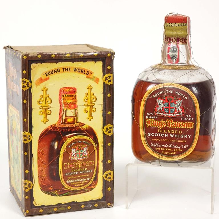 Kings Ransom Scotch Whisky: ** IF YOU MAY NEED SHIPPING, PLEASE CALL US BEFORE BIDDING ON BOTTLES. 847-625-0555. ** Kings Ransom Blended Scotch Bottle: 94 proof, 4/5qt and sealed with box, but the lid is missing.