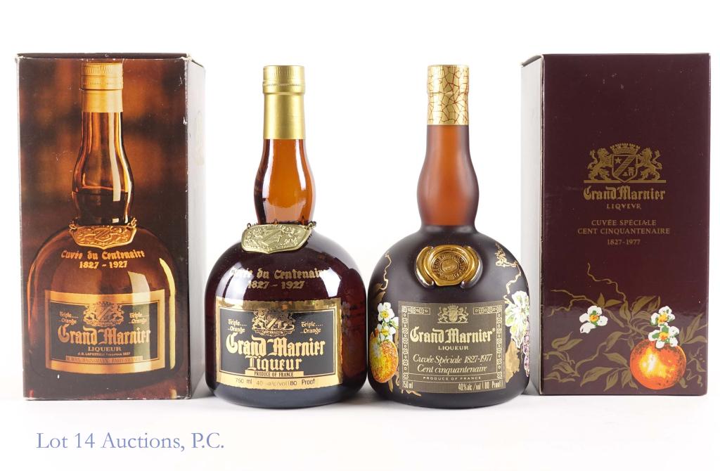 1977 Cuvee Speciale & du Centenaire Grand Marnier: *** IF YOU MAY NEED SHIPPING, PLEASE CALL US BEFORE BIDDING ON BOTTLES! 847-625-0555. *** 1977 Cuvee Speciale painted bottle of Grand Marnier Liqueur, 80 proof, 750ml, full and sealed with box. 1977 C