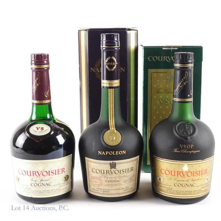 Courvoisier: VS, VSOP & Napoleon Cognacs (3): *** IF YOU MAY NEED SHIPPING, PLEASE CALL US BEFORE BIDDING ON BOTTLES! 847-625-0555. *** Courvoisier VS Cognac, 40%, 750ml NO box, full and sealed. Courvoisier VSOP Cognac, 40%, 750ml with damaged (c