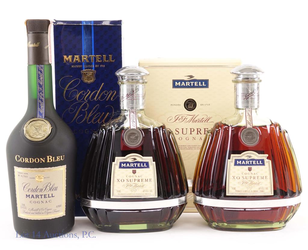 Martell XO Supreme (2) & Cordon Bleu Cognacs: *** IF YOU MAY NEED SHIPPING, PLEASE CALL US BEFORE BIDDING ON BOTTLES! 847-625-0555. *** 2 Bottles of Martell XO Supreme Cognac, 40% abv, 750ml. one with a box. 1983 - 1985 (based on tax strip) Cordo