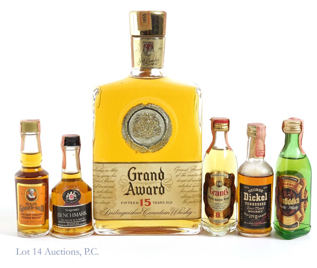 Grand Award Whiskey** & 5 Mini Bottles: *** IF YOU MAY NEED SHIPPING, PLEASE CALL US BEFORE BIDDING ON BOTTLES! 847-625-0555. *** Grand Award 15 Year Canadian Whiskey: 80 proof, 4/5 qt and **seal is broken.** Mini bottles are sealed. Seagra