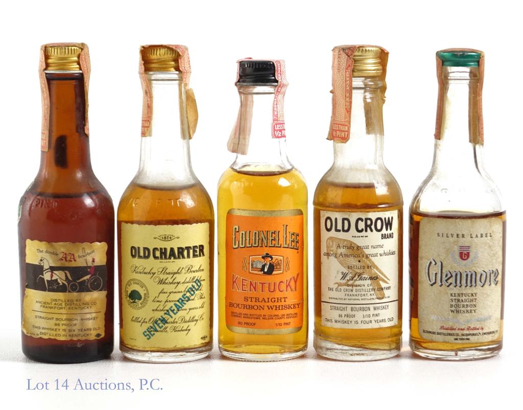 Mini Bottle Whiskey Lot (5): *** IF YOU MAY NEED SHIPPING, PLEASE CALL US BEFORE BIDDING ON BOTTLES! 847-625-0555. *** All sealed. Glenmore, Old Crow, Old Charter, Colonel Lee, The Double AA Bourbon.