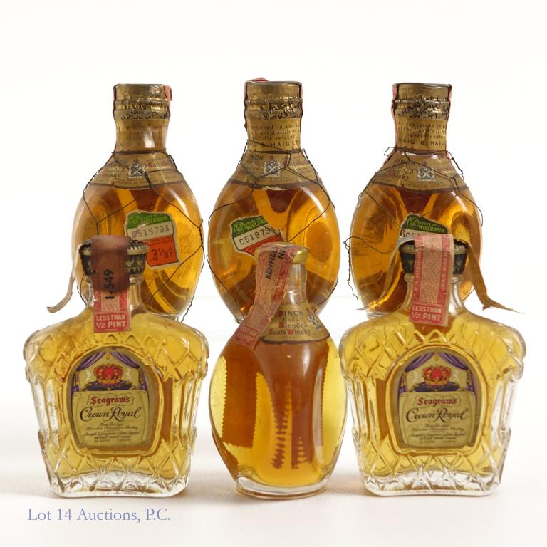 Crown Royal & Pinch Mini Bottles (6): *** IF YOU MAY NEED SHIPPING, PLEASE CALL US BEFORE BIDDING ON BOTTLES! 847-625-0555. *** All sealed. Crown Royal- 2 and Pinch -4.