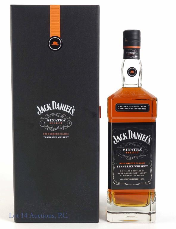 Jack Daniel's Frank Sinatra Select Whiskey: *** IF YOU MAY NEED SHIPPING, PLEASE CALL US BEFORE BIDDING ON BOTTLES! 847-625-0555. *** In box, with Jack & Sinatra A Timeless Story of Friendship mini-book. 90 proof, 1 liter.