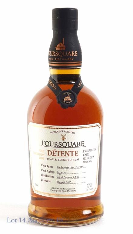 2020 Foursquare Detente 10 Year Single Blended Rum: IF YOU MAY NEED SHIPPING YOU MUST SPEAK WITH IAN BEFORE BIDDING ON BOTTLES. 102 proof, 750ml. Full & sealed