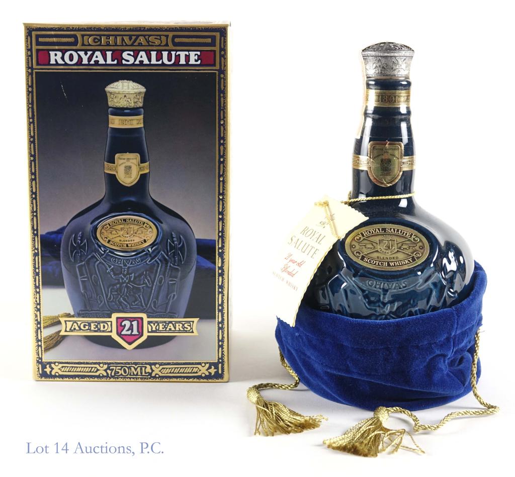 21 Yr. Chivas Regal Royal Salute Scotch Whisky: *** IF YOU MAY NEED SHIPPING, PLEASE CALL US BEFORE BIDDING ON BOTTLES! 847-625-0555. *** Royal Salute 21 year blended scotch whisky, with bag and box. Full and sealed, 750ml, 80 proof.