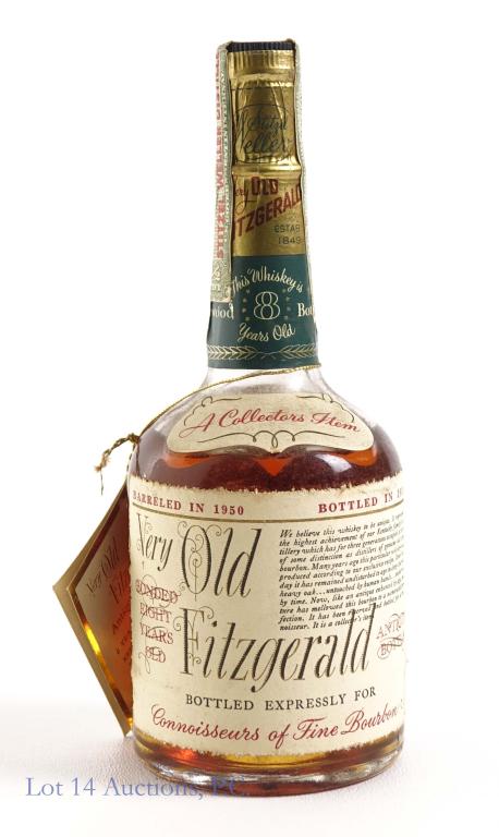 1958 Very Old Fitzgerald- Stitzel Weller 1/2 Pt.: *** IF YOU MAY NEED SHIPPING, PLEASE CALL US BEFORE BIDDING ON BOTTLES! 847-625-0555. *** 100 proof, 1/2 pint, sealed and with neck tag. Bonded 8 years.