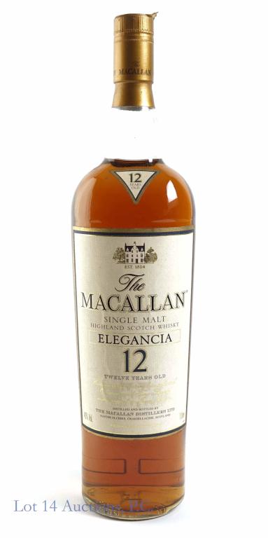12 Yr. Macallan Elegancia 1 Litre Whisky: *** IF YOU MAY NEED SHIPPING, PLEASE CALL US BEFORE BIDDING ON BOTTLES! 847-625-0555. *** 40%, 1 litre and sealed.