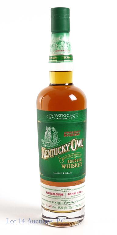 Kentucky Owl Bourbon St. Patrick's Ed. - Release 1: *** IF YOU MAY NEED SHIPPING, PLEASE CALL US BEFORE BIDDING ON BOTTLES! 847-625-0555. *** 100 proof, 750ml and sealed. Etch: B2134808:18. I can ship this to you by St. Patrick's Day, IF you pay by 3/1