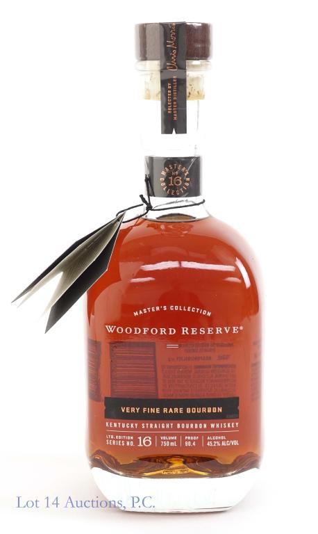 Woodford Reserve Series 16 Very Fine Rare Bourbon: *** IF YOU MAY NEED SHIPPING, PLEASE CALL US BEFORE BIDDING ON BOTTLES! 847-625-0555. *** Woodford Master's Collection Series 16. 90.4 proof, 750ml. Full and sealed. With neck tag.