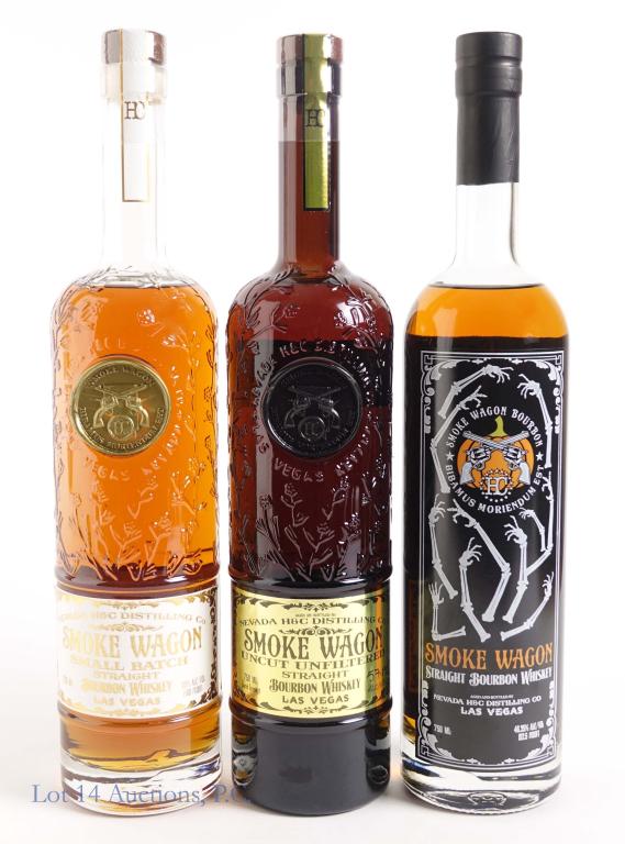 Smoke Wagon Trio- Straight, Uncut & S.B. Bourbons: *** IF YOU MAY NEED SHIPPING, PLEASE CALL US BEFORE BIDDING ON BOTTLES! 847-625-0555. *** Smoke Wagon Small Batch Straight Bourbon - 100 proof, 750ml. Smoke Wagon Straight Bourbon Whiskey - 92.5 proof