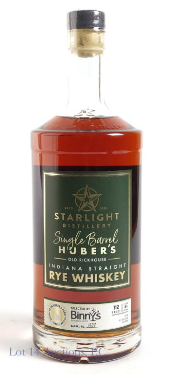 Huber's Single Barrel Rye Whiskey - Binny's: *** IF YOU MAY NEED SHIPPING, PLEASE CALL US BEFORE BIDDING ON BOTTLES! 847-625-0555. *** Binny's Select Barrel No. 1607. Starlight Distillery Huber's Old Rickhouse Single Barrel Indiana straight rye 