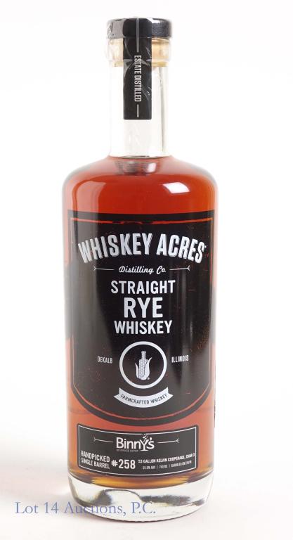 Whiskey Acres Straight Rye Whiskey, Binny's Pick: *** IF YOU MAY NEED SHIPPING, PLEASE CALL US BEFORE BIDDING ON BOTTLES! 847-625-0555. *** Whiskey Acres, of DeKalb, Illinois - Farm crafted whiskey. Binny's Handpicked single barrel #258. Barreled on