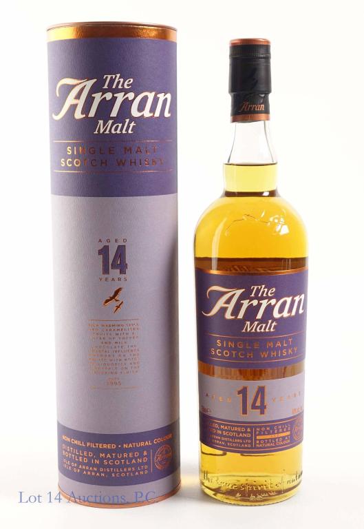 Arran 14 Year Old Whisky: IF YOU MAY NEED SHIPPING YOU MUST SPEAK WITH IAN BEFORE BIDDING ON BOTTLES. 847-625-0555. 46%abv, 750ml. With canister. Full & sealed.