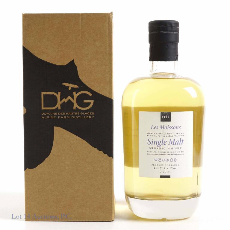 Les Moissons Single Malt Organic Whisky: IF YOU MAY NEED SHIPPING YOU MUST SPEAK WITH IAN BEFORE BIDDING ON BOTTLES. 847-625-0555. 41.7% abv, 750ml. With box. Full & sealed.