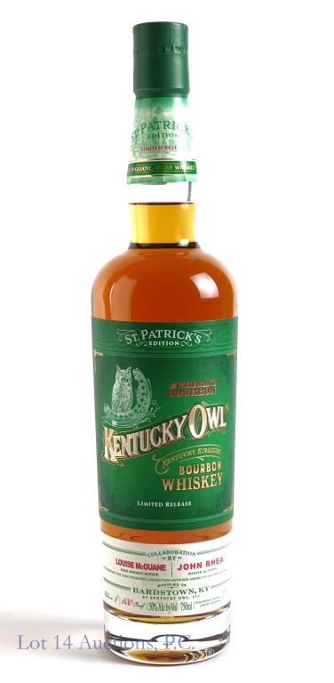 Kentucky Owl Bourbon St. Patrick's Ed. - Release 1: *** IF YOU MAY NEED SHIPPING, PLEASE CALL US BEFORE BIDDING ON BOTTLES! 847-625-0555. *** 100 proof, 750ml and sealed. Etch: B2134808:18. I can ship this to you by St. Patrick's Day, IF you pay by 3/1