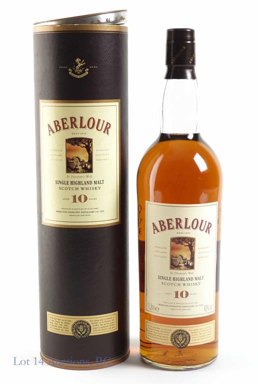 Aberlour 10 Yr. 1 Litre Scotch Whisky: *** IF YOU MAY NEED SHIPPING, PLEASE CALL US BEFORE BIDDING ON BOTTLES! 847-625-0555. *** 43%, 1 litre and sealed.