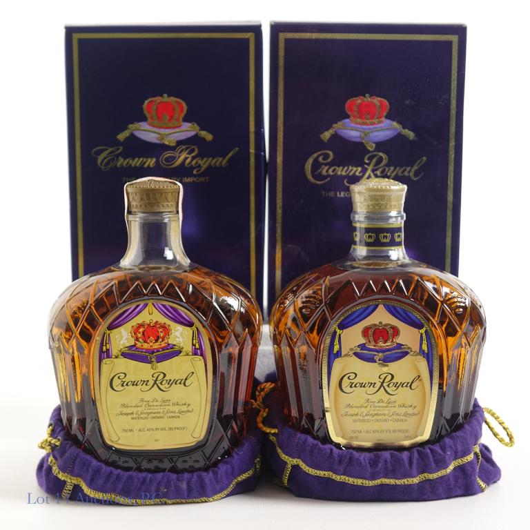 1979 / 80s(?) Crown Royal (2): *** IF YOU MAY NEED SHIPPING, PLEASE CALL US BEFORE BIDDING ON BOTTLES! 847-625-0555. *** 1979 Crown Royal: 80 proof, 750ml and sealed with box and bag. 80s-90s Crown Royal- we cant pinpoint the date: