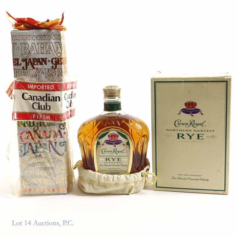 1970s Canadian Club and Crown Royal Bottles (2): *** IF YOU MAY NEED SHIPPING, PLEASE CALL US BEFORE BIDDING ON BOTTLES! 847-625-0555. *** 1970s Canadian Club Fifth: 86.8 proof, 4/5 qt and sealed. 6 years old. Crown Royal Rye Whisky: 90 proof, 750ml