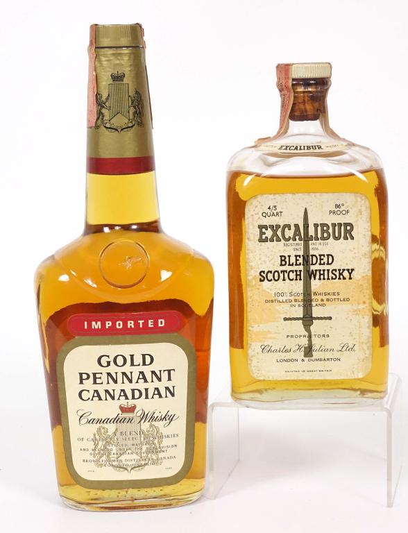 Scotch and Canadian Whisky (2): ** IF YOU MAY NEED SHIPPING, PLEASE CALL US BEFORE BIDDING ON BOTTLES. 847-625-0555. ** Excalibur Scotch: 86 proof, 4/5 qt and full / sealed. Gold Pennant Canadian 6yr.: 80 proof, 4/5qt and full/seale