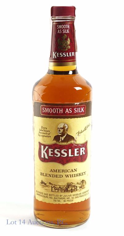 1980s Kessler American Blended Whiskey Bottle: *** IF YOU MAY NEED SHIPPING, PLEASE CALL US BEFORE BIDDING ON BOTTLES! 847-625-0555. *** 80 proof, 750ml and sealed.
