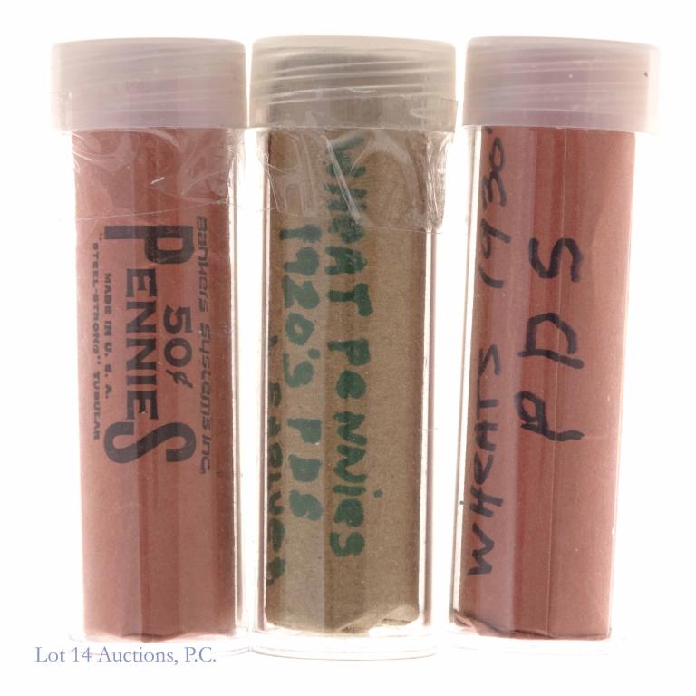 Wheat Cents (Pre-1940s): 1 roll wheat pennies (roll dated 1909-19) ** 1 roll what pennies (roll dated 1920s) * 1 roll wheat pennies (roll dated 1930s). We have not gone through them, but these appear to be full rolls.