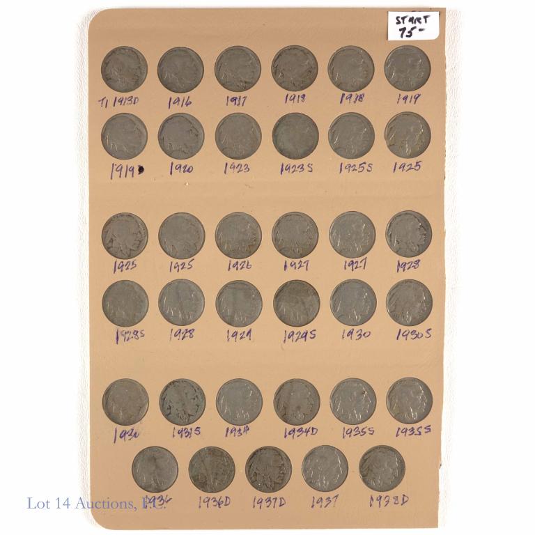 Buffalo Nickel Partial Collection (35): 35 coins (some repeats) partial Buffalo nickel collection: 1913-d [Type I], 1916, 1917, 1918 (x2), 1919 (x2), 1920, 1923, 1923-s, 1925 (x3), 1925-s, 1926, 1927 (x2), 1928 (x2), 1928-s, 1929, 1929-s, 1