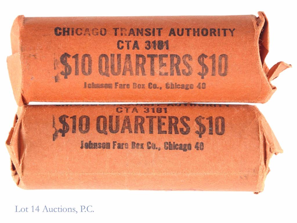 Silver Quarters in 2 CTA Paper Rolls (80)**: 80 silver quarters in vintage Chicago Transit Authority paper rolls. We certify that there are eighty 90% silver quarters in this lot. *** NOTE: one of the paper rolls is split open, but is still cont