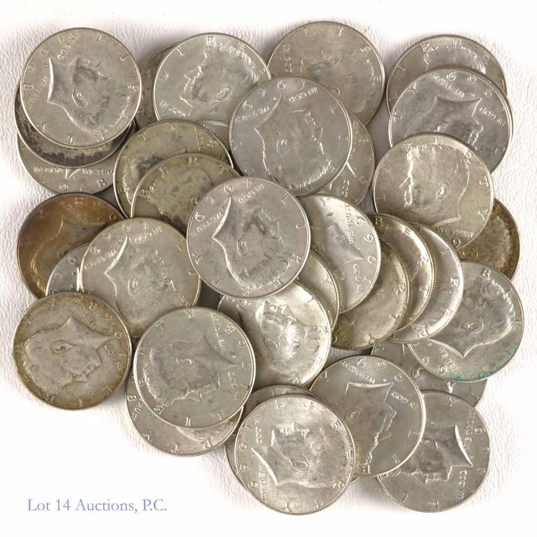 Silver (40%) Kennedy Half Dollars (36): (36) Kennedy half dollars: 1968 (12) and 1969 (24). Various mintmarks. All coins 40% silver.