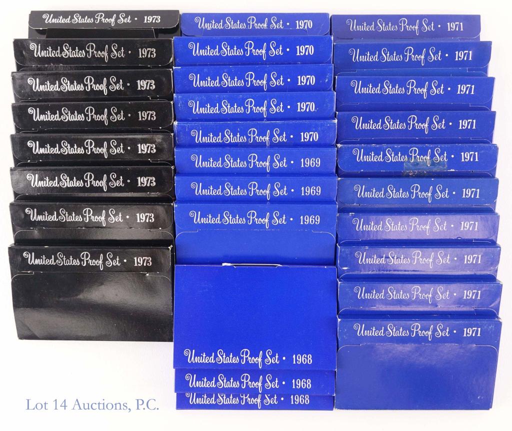 1960s - 1970s U.S. Proof Sets (29): United States proof sets: 1968 - with 40% silver Kennedy half dollar (3) ** 1969 - with 40% silver Kennedy half dollar (3) ** 1970 - with 40% silver Kennedy half dollar (5) ** 1971 (10) ** 1973 (8) -