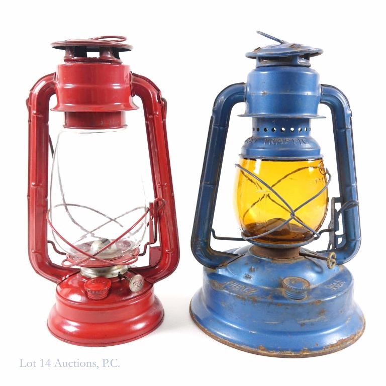Dietz No. 1 & Hope No. 500 Lanterns (2): Blue Dietz No. 1 Little Wizard lantern with amber glass, ding in base. Red Hope lantern No. 500, Korea.