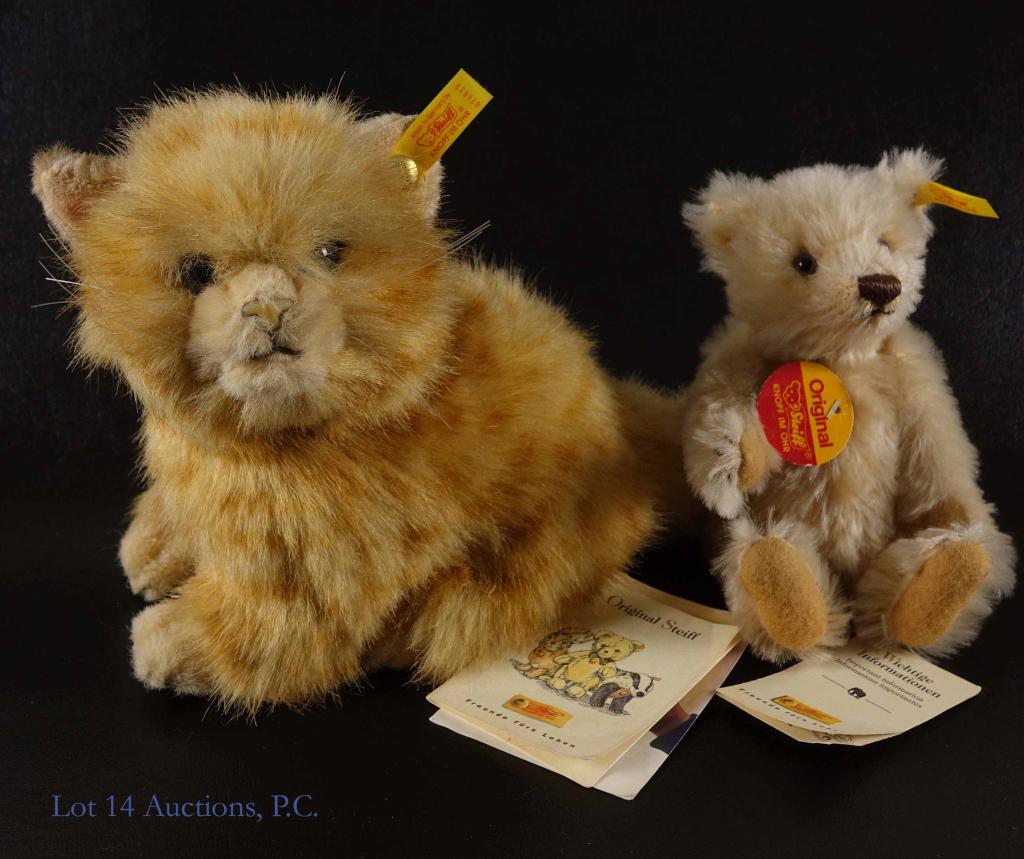 Steiff Bear and Whiskas Cat: Steiff Wiskas Cat Ear and other tags 6" tall. Steiff Bear with articulable limbs 6" tall, ear tag, neck tag and foot tag.