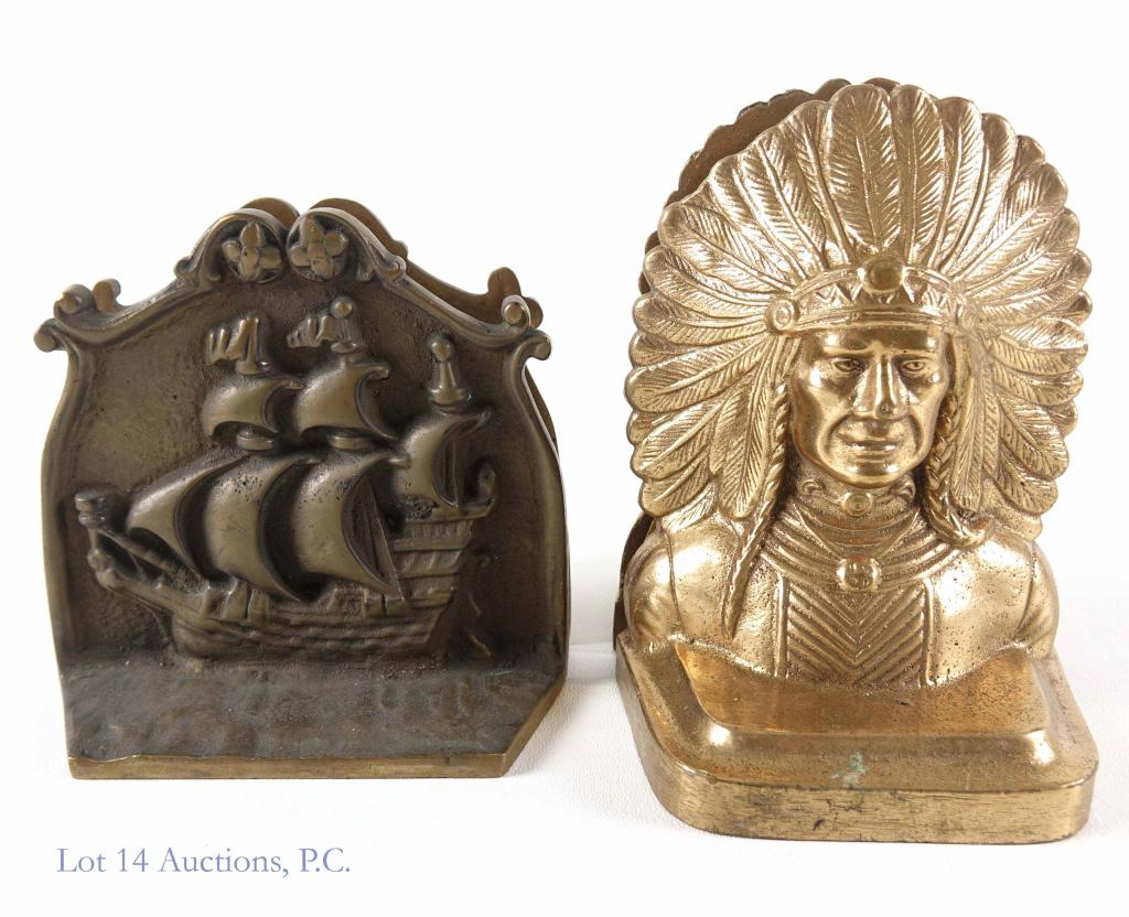 Brass Bookends- Ships and Native American: Elizabeth Galleon 5 1/4" tall. Native American Busts 6" tall.
