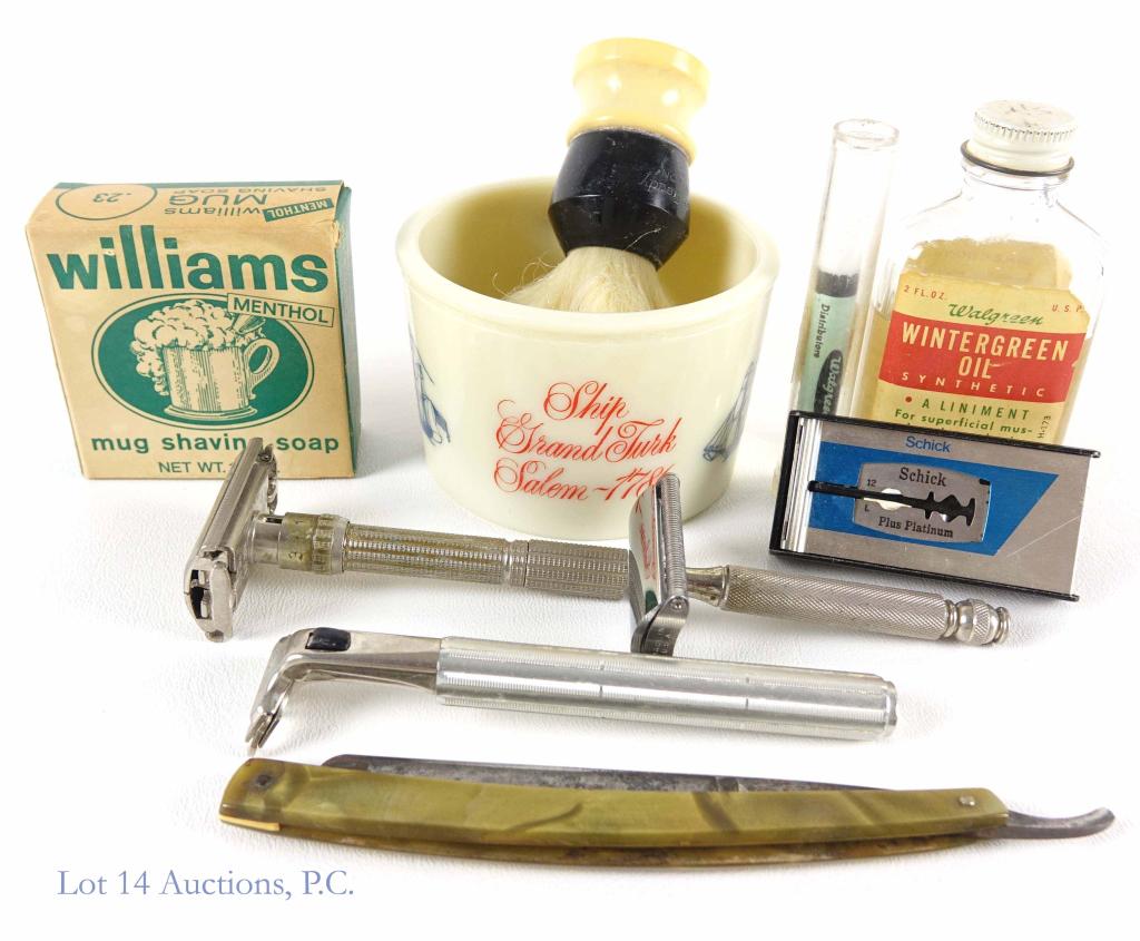 Men's Shaving / Razor Lot - Vintage: Old spice mug with brush. Williams May shaving soap. Styptic pencil. Gillette razors. Walgreens Wintergreen oil. Shumates Ben Hur straight razor.