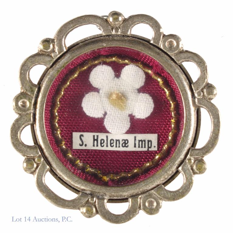 Saint Helen Reliquary with Catholic Relic: Saint Helen reliquary. White metal theca with wax seal and threads intact.