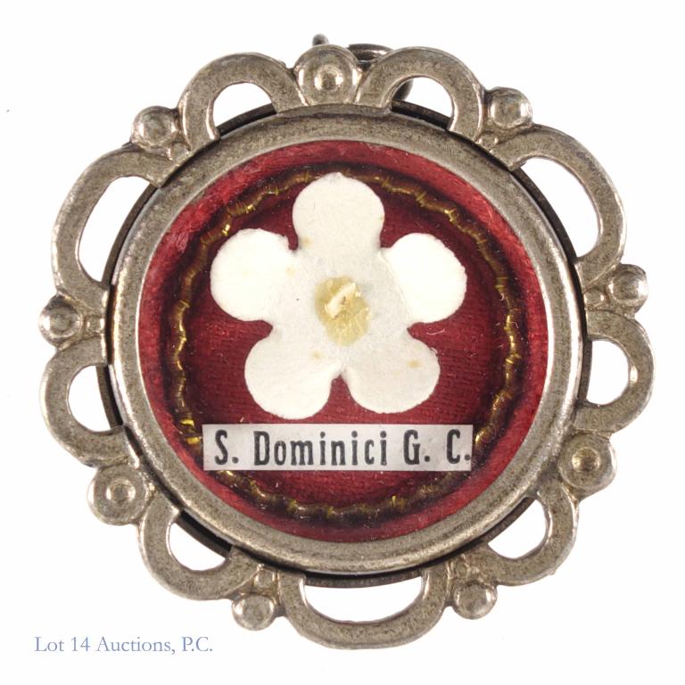 Saint Dominic Dominici Reliquary with Catholic Relic: Saint Dominic Dominici Reliquary. White metal theca with wax seal and threads intact.