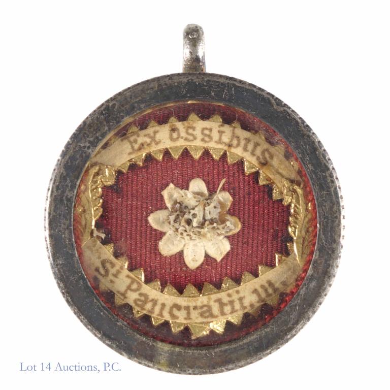 Saint Pancratius Reliquary with Catholic Relic: Saint Pancratius reliquary. White metal theca. Back does not open.