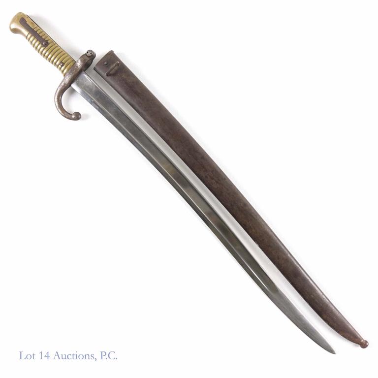 1870s Chassepot Rifle Bayonet & Scabbard: 22.5" blade. 27 1/4" total. Likely 1873 / 1875 (??).