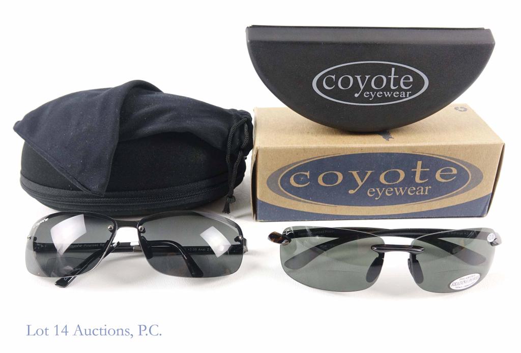 Coyote Sunglasses (2): Coyote BP-9 Polarized reader sunglasses. In dust bag and case. Appear to be in good condition. Coyote BP-5 Polarized reader sunglasses. Appear to be unused. In case. Still has sticker on it. Still in 