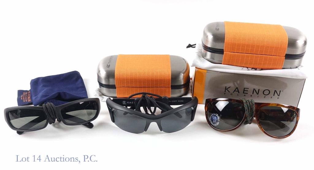 Kaenon Polarized Sunglasses (3): Kaenon "Pino" sunglasses. In dust bag and case. Appear to be in good condition. Kaenon "Soft Kore" sunglasses. In dust bag and case. Appear to be in good condition. Kaenon "UPD" sunglasses. In dust ba