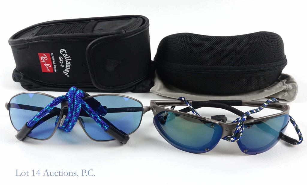 Golf Sunglasses Assortment: Ray-Bans Callaway Gold B0003 sunglasses. In case with dust bag. Appear to be in good condition. Nike V6 Golf/Athletic sunglasses. In case with dust bag. Appear to be in good condition.