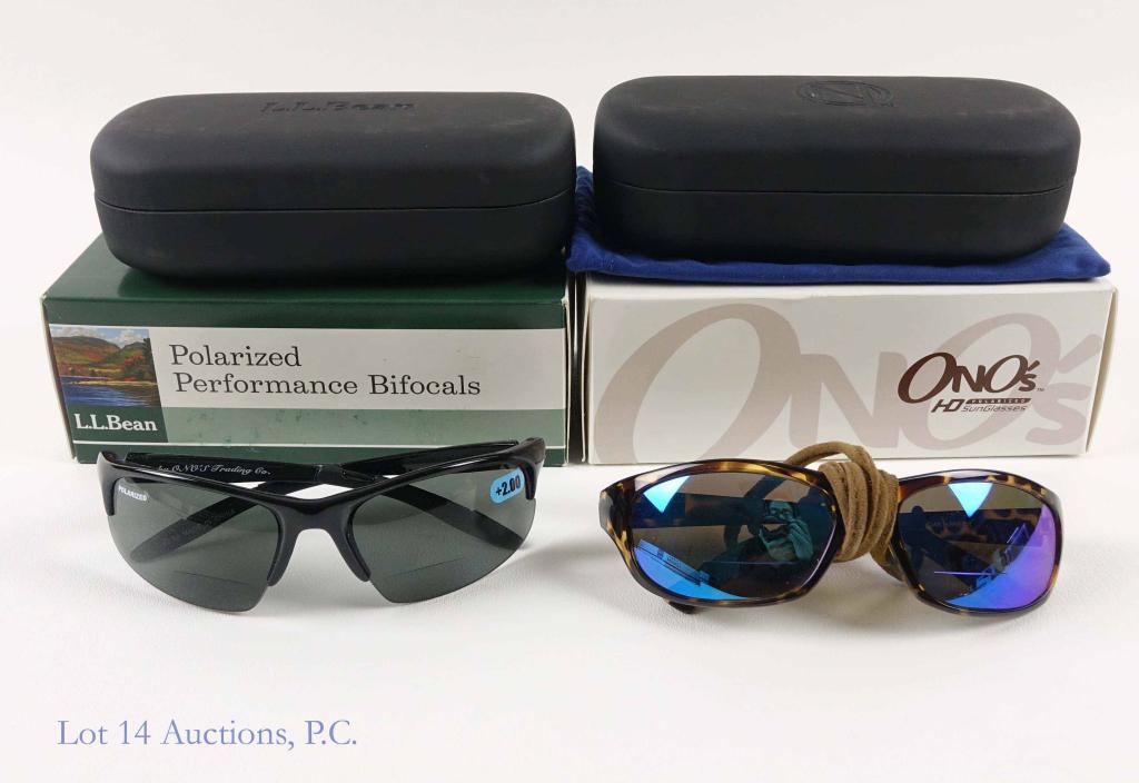 L.L Bean and Ono's Sunglasses (2): Ono's Polarized HD sunglasses. In box with case. Appear to be in good condition. L.L Bean by Ono's Polarized sunglasses + 2.00. In box with case. Appear to be in good condition.