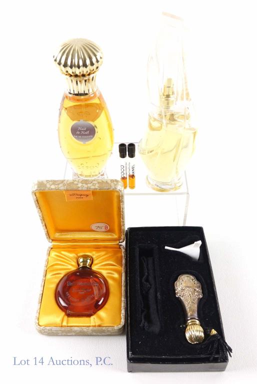Perfume / Sterling Perfume Bottle Assortment: 2 mini Chanel "Coco" perfumes (see pictures for fill levels). Jean Desprez Paris "Bala Versailles"- full bottle in case. Caron "Nuit de Noel" perfume- full. Donna Karan Cashmere Mist perfume- full. Be