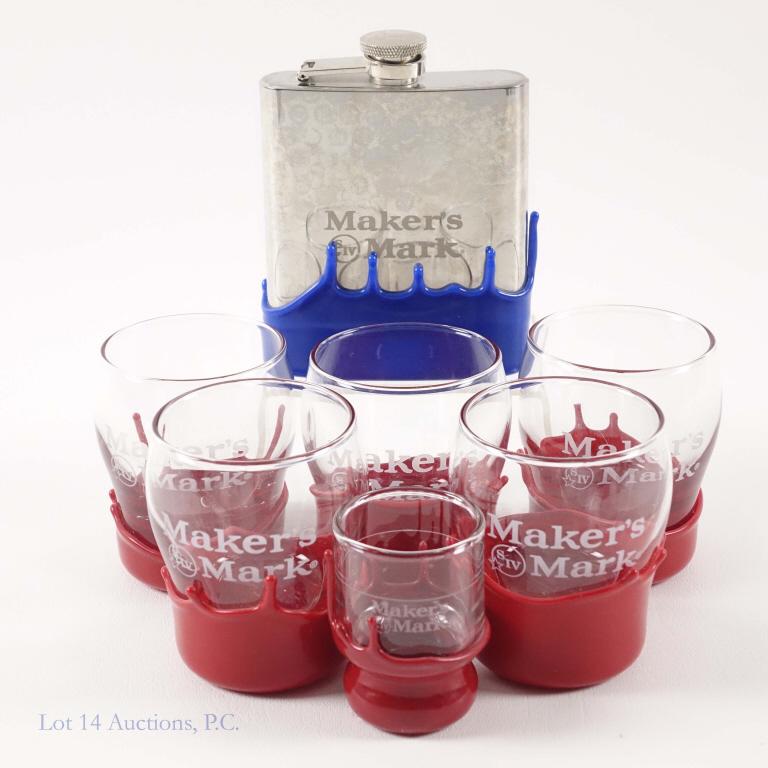Maker's Mark Whiskey Flask and Glasses: 1 Makers Mark flask, 5 whiskey glasses, 1 shot glass. All with wax drip from Makers Mark.