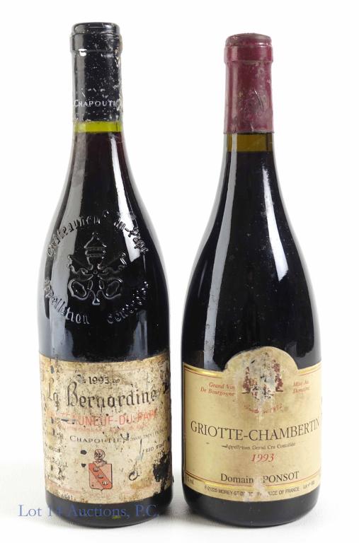 1993 French Red Wines (2): **IF YOU NEED SHIPPING ON BOTTLES OR DECANTERS PLEASE CALL US BEFORE BIDDING! 847-625-0555!** 1993 La Bernardine Chateauneuf-du-Pape has small chip / hole in the seal and cork: 13.8%, 750ml and sealed