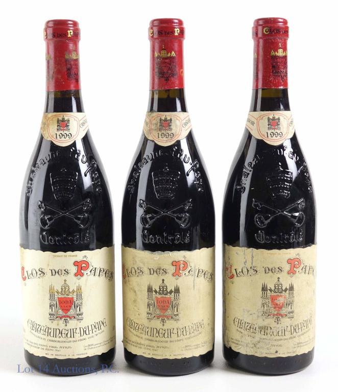 1999 Clos des Papes Wines (3): **IF YOU NEED SHIPPING ON BOTTLES OR DECANTERS PLEASE CALL US BEFORE BIDDING! 847-625-0555!** 1999 Chateauneuf-du-Pape Clos des Papes. 14%, 750ml and sealed.