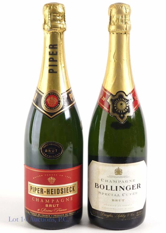 Piper Heidsick & Bollinger Brut Champagne (2): ** IF YOU NEED SHIPPING ON BOTTLES OR DECANTERS PLEASE CALL US BEFORE BIDDING! 847-625-0555! ** Piper Heidsick brut champagne. Full and sealed. 12% ABV. 750 ml. ** and ** Bollinger brut champagne. Spe